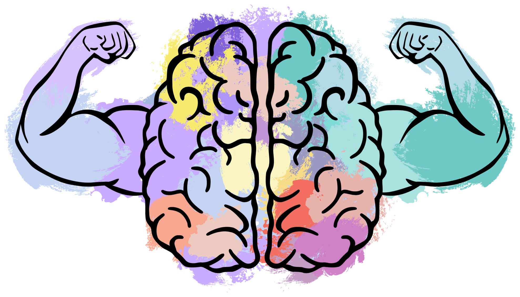 Logo Psychoforma: mózg z ramionami prężącymi bicepsy, w akwarelowych kolorach